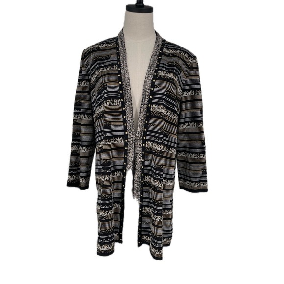 Misook Sweaters - NWT Misook Women's Black Gold Silver Metallic Geometric Long Knit Cardigan XL